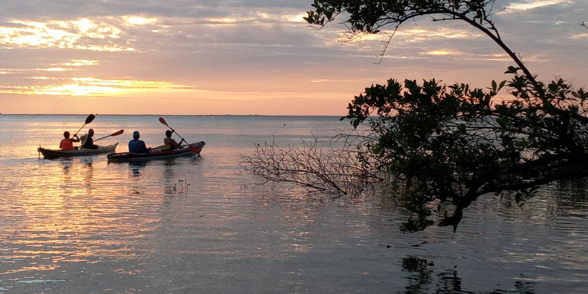 people kayaking at sunset