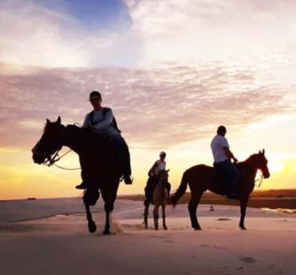 A group of people engaging in horse riding at sunset