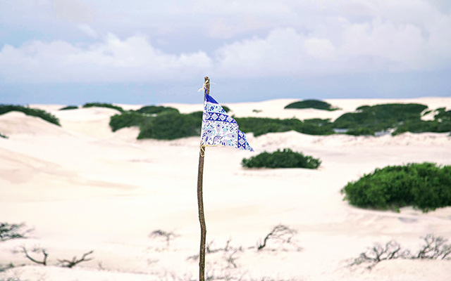 A flag places on a sand dune