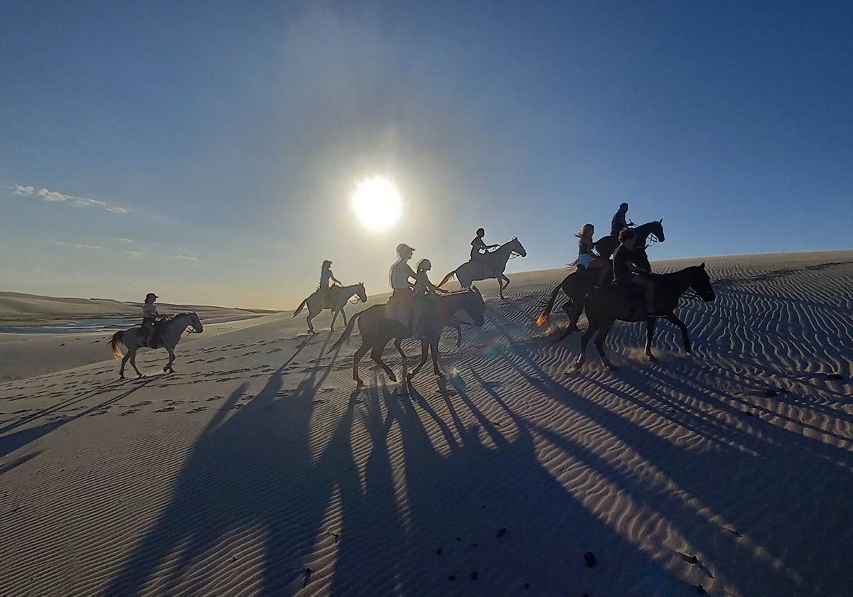 A group of tourists horseback riding across the sand dunes on a sunny day